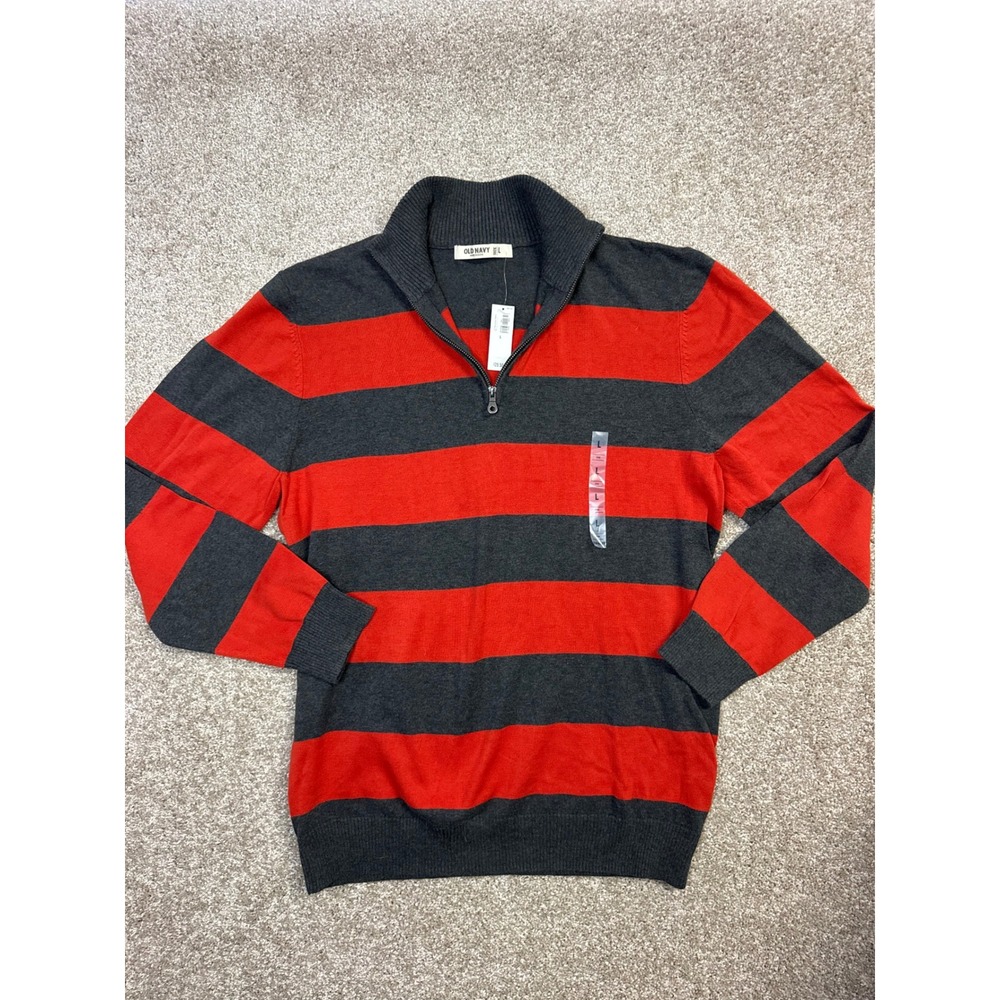 Old Navy Mens Quarter Zip Sweater Large Red Charcoal Gray Striped Pullover NWT